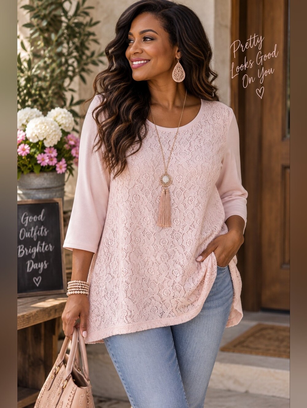 Cathy Daniels NWT 1X Blush Pink Floral Lace Front Sweater Tunic Top